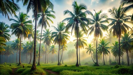 Fototapeta premium Misty morning jungle with hazy coconut grove and foggy palm trees