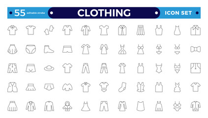 Clothes outline icons set. Sweatshirt, hoody, pullover, bath suit, jacket, evening dress, cardigan, trousers visualization vector illustration. Editable stroke outline icon.
