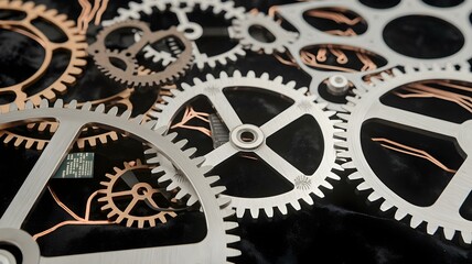 Intricate Arrangement of Metallic Gears and Cogs with Copper Wiring on a Dark Surface, Symbolizing Precision Engineering and Mechanical Innovation