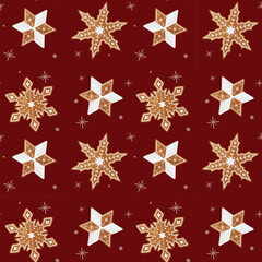 Christmas pattern with gingerbread cookies in the shape of snowflakes on red background. Vector illustration.
