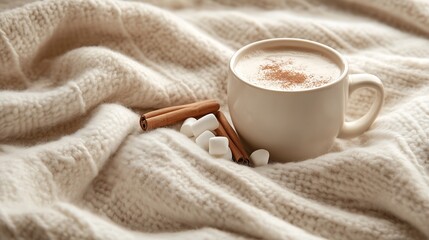 Christmas hot chocolate cinnamon, marshmallow, linen tablecloth cozy atmosphere, winter drink