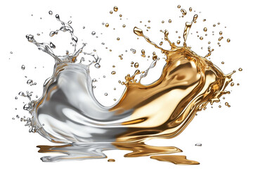 Dynamic splash of liquid gold and silver, creating an artistic fusion of metallic elegance and motion captured in high definition.