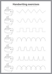 Basic writing exercises. Trace line worksheets for children. Preschool handwriting practice. Vector illustration. A4 - ready to print format