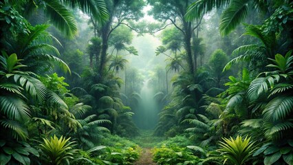 Misty tropical forest with lush green foliage in dense jungle nature background