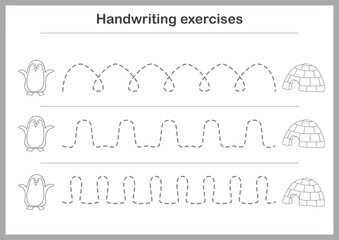 Basic writing exercises. Trace line worksheets for children. Preschool handwriting practice. Vector illustration. A4 - ready to print format