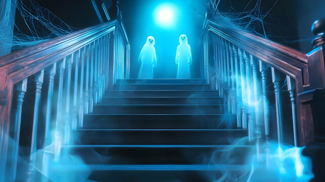 Ghostly Figures on a Haunted Staircase with Cobwebs