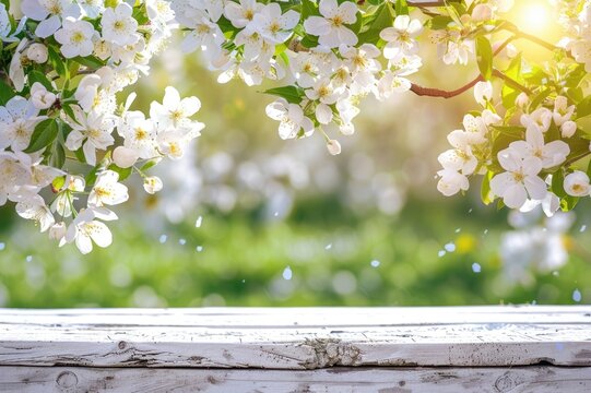Spring background with white blossoms and white wooden table. Spring apple garden on the background