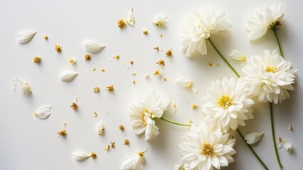 Obraz premium A serene arrangement of white flowers and petals on a light background.