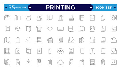 Set of outline Printing icons. Brochure, business card, flyer, magazine, postcard, poster, banner, rollup, sticker, mug, folder, other printout shop products. Editable stroke outline icon.