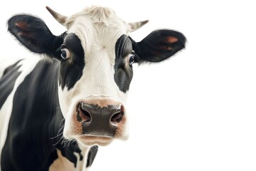Surprised cow with goofy face mooing and looking at camera, isolated on white background. Close up portrait of funny animal.