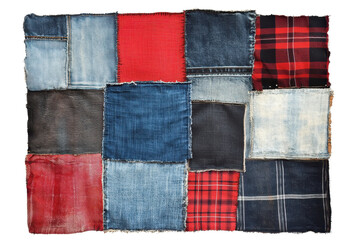 Colorful patchwork of denim and plaid fabric squares. A creative, rustic design showcasing texture and pattern variety.