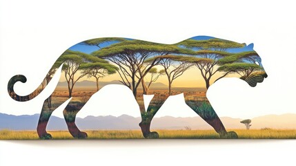 Obraz premium A mesmerizing black leopard in double exposure, intertwining with the natural landscape, showcasing the beauty and power of wildlife.