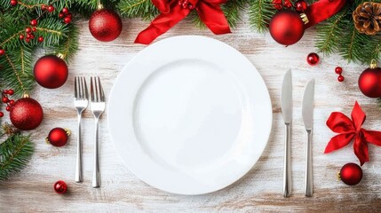 A minimalist Christmas dinner table with an empty plate in the center, framed by fir tree branches, red baubles, and festive cutlery for a holiday banner.
