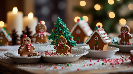 Fototapeta premium A collection of gingerbread houses, gingerbread men and a gingerbread tree on white plates, with a blurred background of Christmas lights and candles.