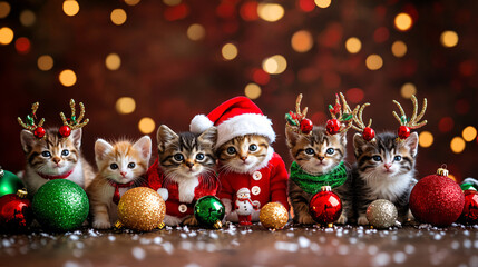 Obraz premium Cheerful kittens dressed in festive attire, including Santa hats and reindeer antlers, surrounded by colorful ornaments and snowy backdrop, create joyful holiday scene