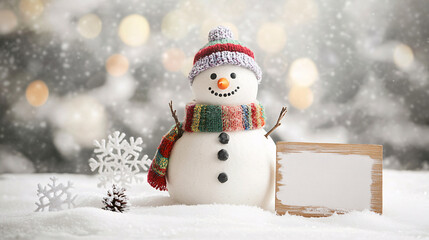 Fototapeta premium Cheerful snowman wearing colorful scarf and hat, surrounded by snowflakes and blank sign, evokes festive winter atmosphere