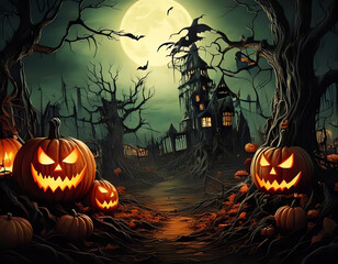 Fototapeta premium spooky landscape on Halloween under a full moon with a black castle