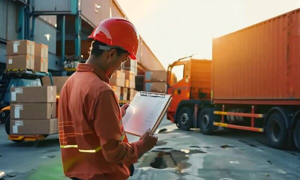 A field supervisor reviews the shipping fleet regulation checklist in the warehouse, with logistics trucks in the background, ensuring all operations adhere to compliance standards