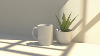 A neutral-toned image of a one-color mug and a small potted plant, both placed on a soft beige background for a minimalist look.