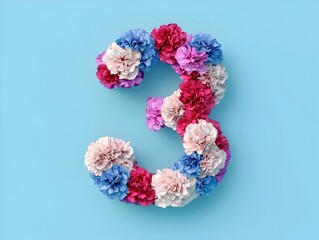Stunning Floral Number 3 Made of Colorful Carnations with Delicate Petal Layers