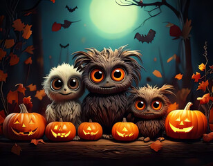 cute little monsters with big eyes in a halloween setting, halloween party invitation card,