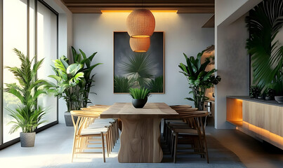 Fototapeta premium Modern Dining Room with Wooden Table and Chairs