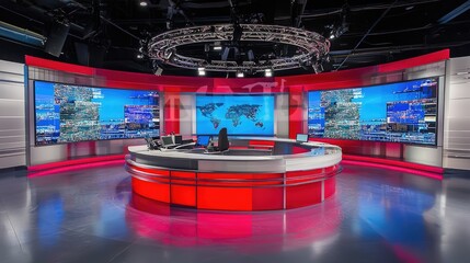 A professional news studio set with a modern desk, vibrant lighting, and digital screens displaying live graphics, designed for a TV news program.