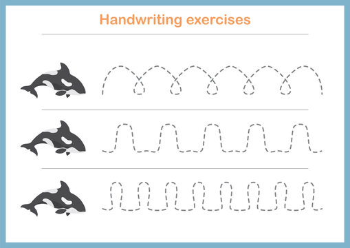 Basic writing exercises. Trace line worksheets for children. Preschool handwriting practice. Vector illustration. A4 - ready to print format