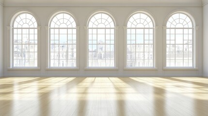 A room bathed in natural light from large windows, featuring beautiful hardwood flooring and clean, contemporary architecture.
