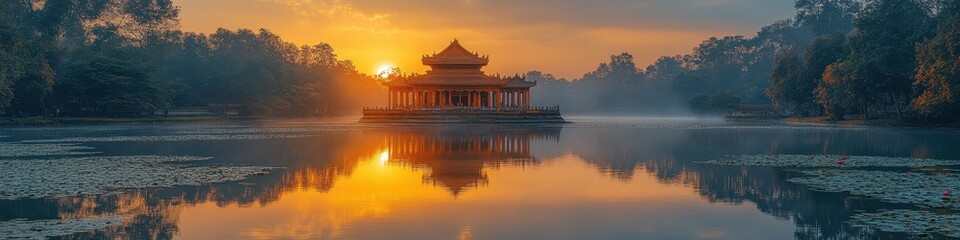 Obraz premium A tranquil sunrise over a serene lake with a traditional pavilion reflecting on the water.