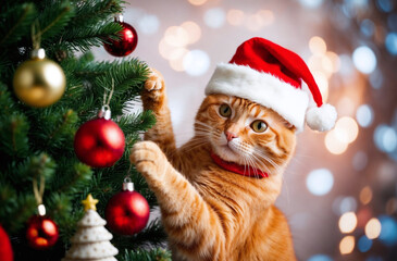 Cat playing with the christmas tree and gifts, funny orange cat in red santa hat