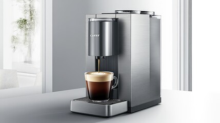 A side view of a coffee machine pouring a perfect cup of coffee, with the first drops of rich, dark brew filling the cup.