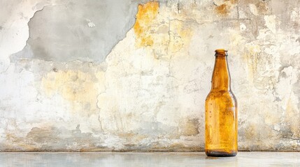 A single amber beer bottle stands tall on a minimalist gray backdrop, its condensation showcasing its refreshing coolness, ready to be enjoyed.