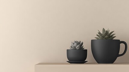 Fototapeta premium A single-color mug paired with a tiny potted plant on a beige background, focusing on simplicity and natural elegance.