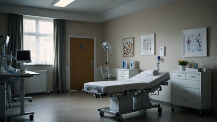 A clean and modern examination room with a white medical bed, a computer, and a door in the back.
