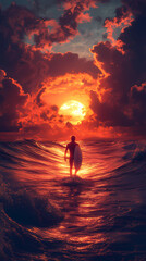 Fototapeta premium Surfer goes home during a beautiful sunset