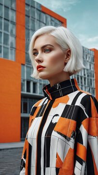 Portrait of a beautiful blonde woman with a bob in fashionable new clothes in orange and white tones against the backdrop of modern architecture
