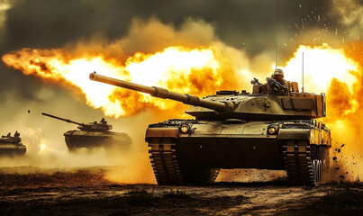 Fototapeta premium Powerful Military Tank Firing in Dramatic Scene