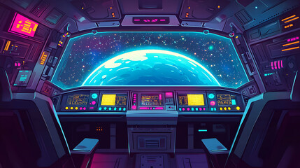 Obraz premium View of Earth from the cockpit of a futuristic spaceship, with a large window and a digital dashboard with glowing buttons and screens.