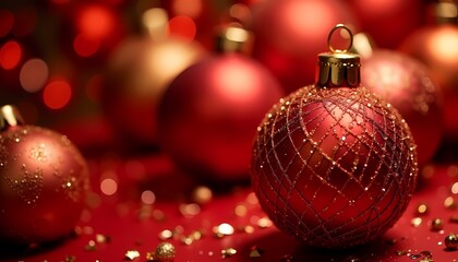 Obraz premium Festive red Christmas ornaments with glitter and golden accents on a red background