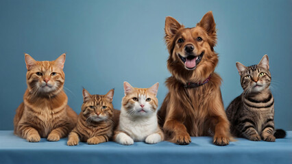 Dog and cat portrait on blue background isolated. Pets and companions. Commercial banner for advertising cat and dod food. Pets looking at the camera on blue background. Wallpaper. Copy space