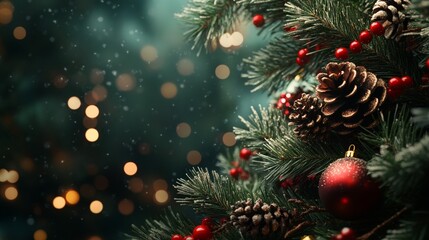 Fototapeta premium Christmas Tree Branches with Red Berries and Snowflakes on Red Background