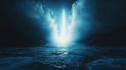 Fototapeta premium A stage bathed in a strong white spotlight, with light smoke billowing around, creating an aura of suspense and readiness for the performance ahead.