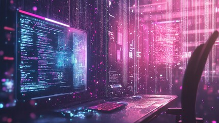 futuristic workspace with sparkling particles floating out of glowing screen, digital art style, illustration painting 