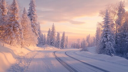 Obraz premium Winter Road with Snow-Covered Trees at Sunrise with Golden Glow