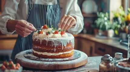 Conceptual image of a baker icing a cake in a cozy kitchen, highlighting the art of cake-making and creativity