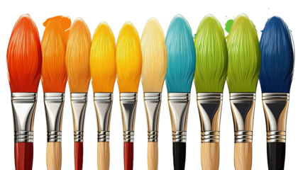 Set collection of classic paint brush with many colours of yellow, orange, mustard, turquoise, blue, green, lime on transparent background