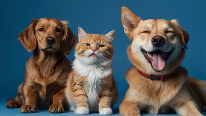 Dog and cat portrait on blue background isolated. Pets and companions. Commercial banner for advertising cat and dod food. Pets looking at the camera on blue background. Wallpaper. Copy space