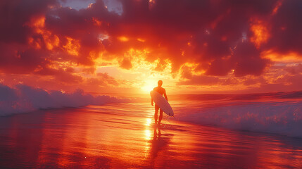 Fototapeta premium Surfer goes home during a beautiful sunset