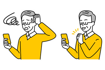 スマートフォンを操作する年配の男性のセット（トラブル／ガッツポーズ）